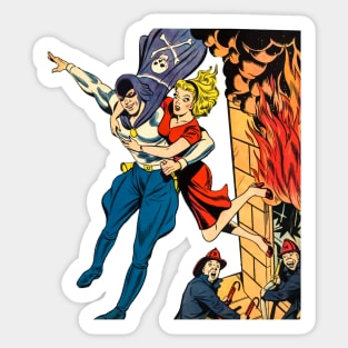 Masked Superhero Rescuing Beautiful Girl from Fire Building Firefighters Fire Retro Comic Vintage Sticker